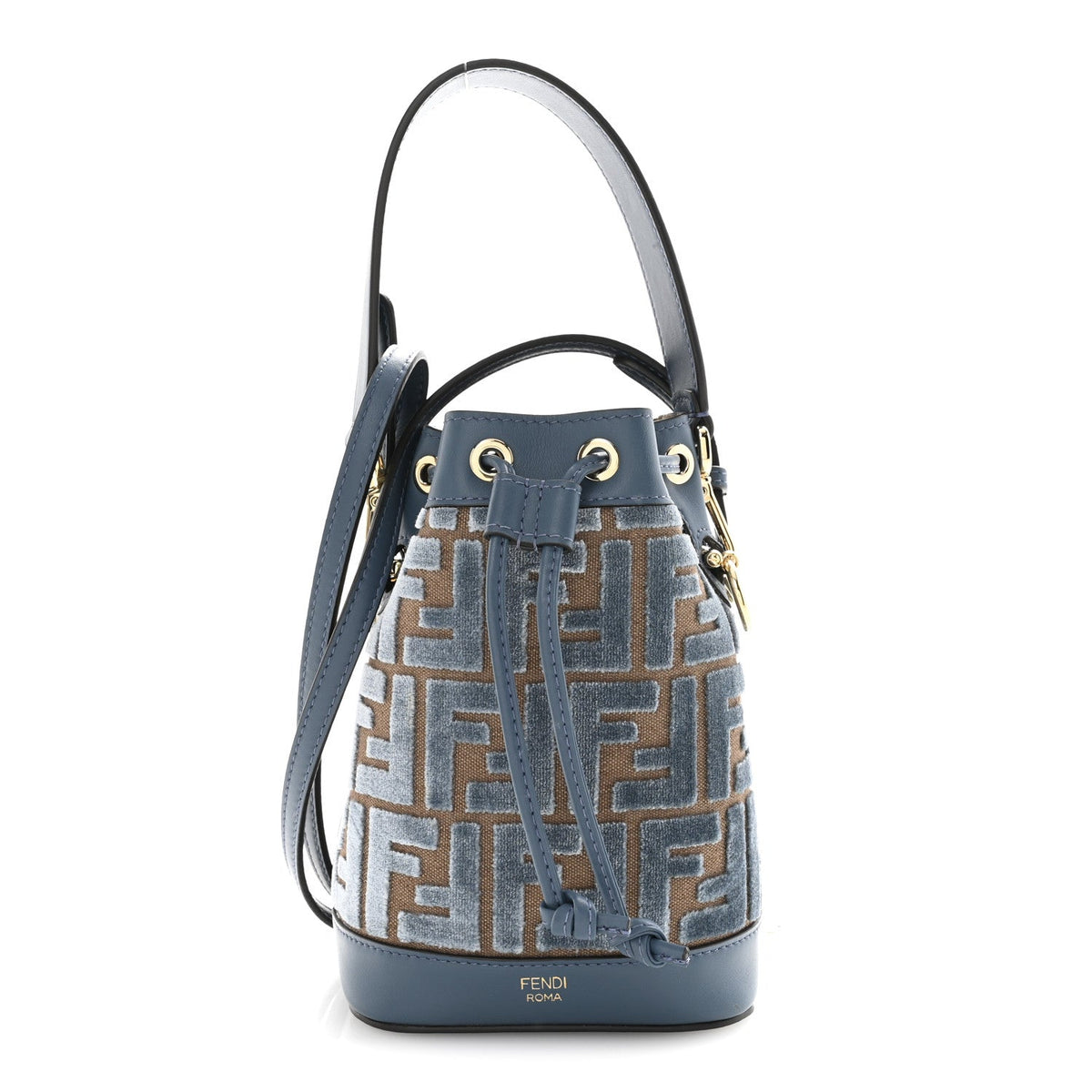 Fendi Vitello Grace Velluto FF Mini Mon Tresor Bucket Bag Dusty Blue Brown