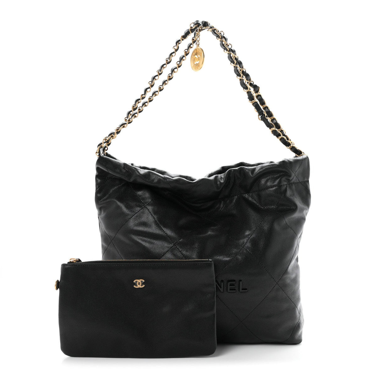 Chanel Shiny Caviar Quilted Monochrome Small 22 Shoulder Bag Black