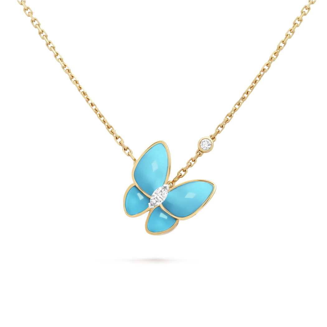 18K Gold Diamond Turquoise VCA Two Butterfly Pendant