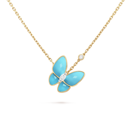 18K Gold Diamond Turquoise VCA Two Butterfly Pendant