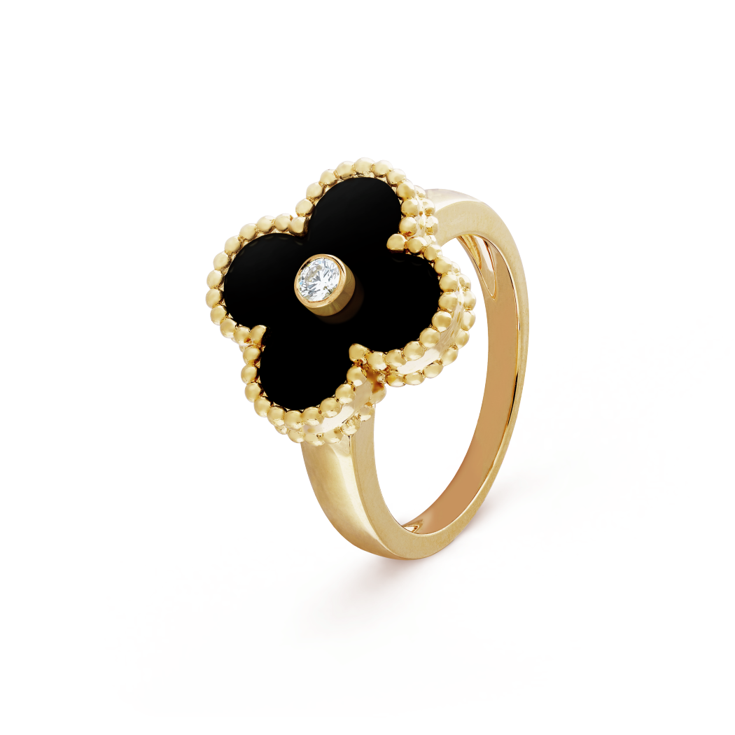 18K Yellow Gold Onyx Diamond VCA Vintage Alhambra Ring