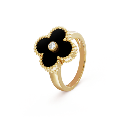 18K Yellow Gold Onyx Diamond VCA Vintage Alhambra Ring