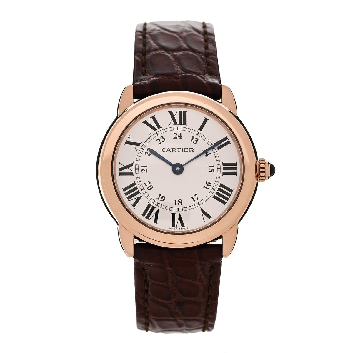 Cartier Stainless Steel 18K Pink Gold Alligator 29mm Ronde Solo Quartz Watch Brown