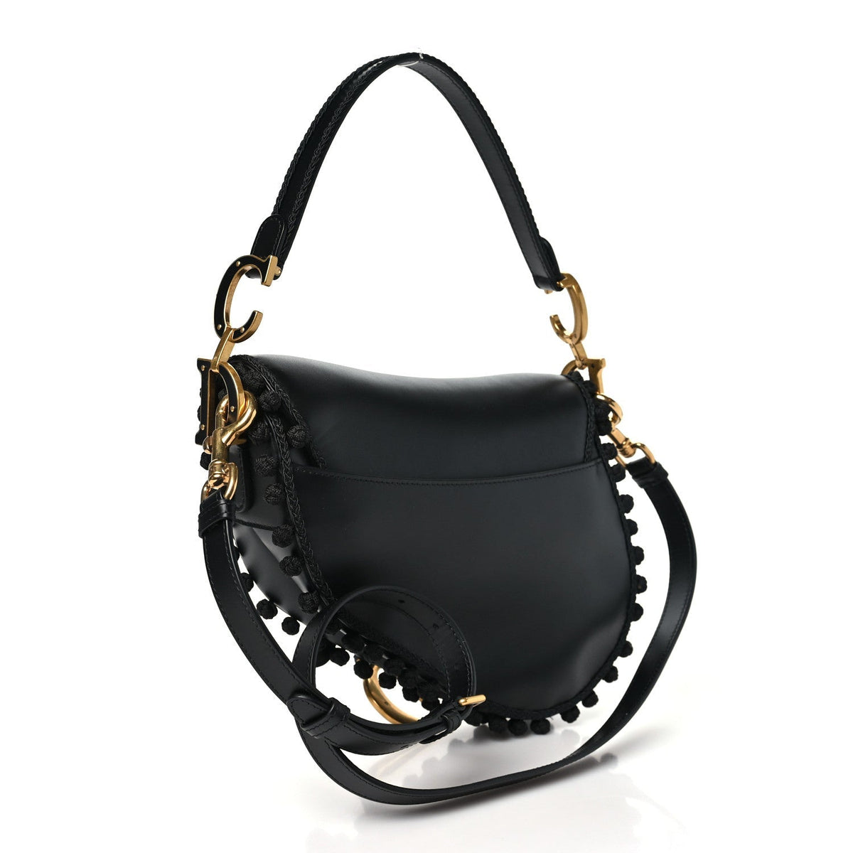 Christian Dior Calfskin Pom Pom Saddle Bag Black