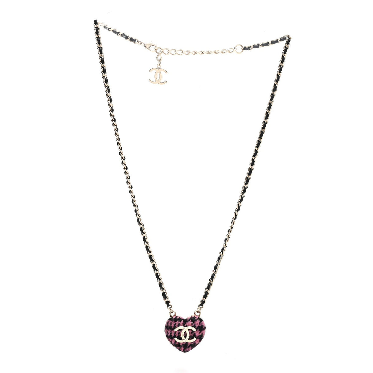 Chanel Tweed Lambskin CC Heart Locket Necklace Gold Black Pink