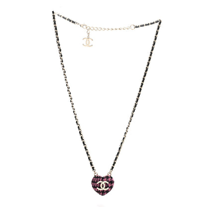 Chanel Tweed Lambskin CC Heart Locket Necklace Gold Black Pink