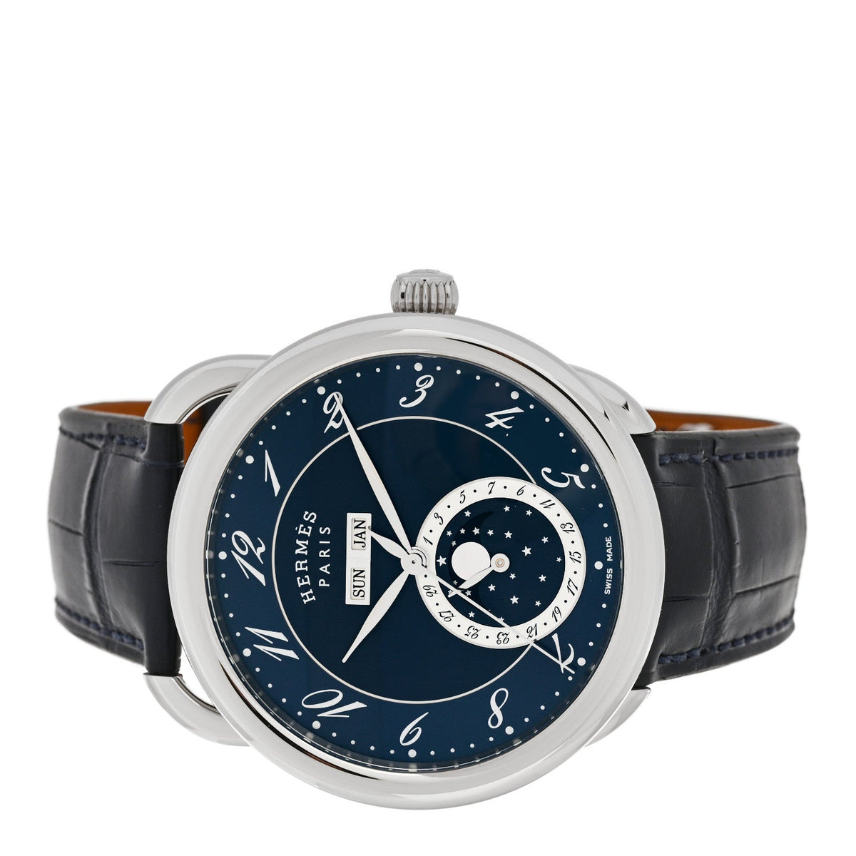 Hermes Stainless Steel Alligator 43mm Arceau Grande Lune Automatic Watch Bleu Abysse
