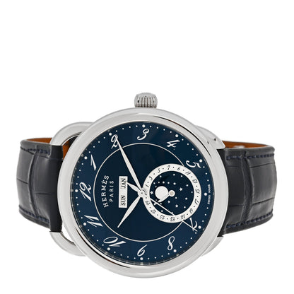 Hermes Stainless Steel Alligator 43mm Arceau Grande Lune Automatic Watch Bleu Abysse
