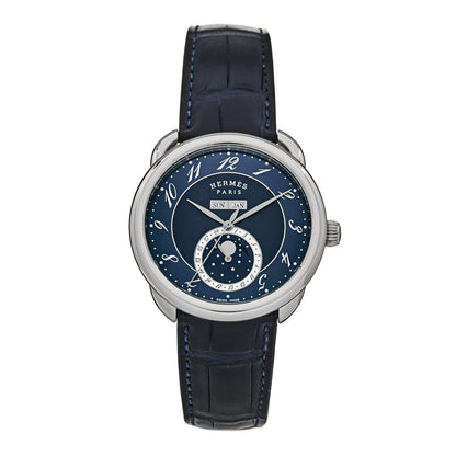Hermes Stainless Steel Alligator 43mm Arceau Grande Lune Automatic Watch Bleu Abysse