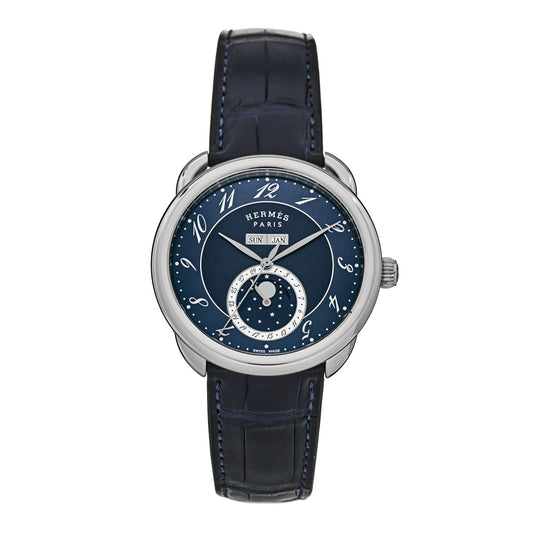 Hermes Stainless Steel Alligator 43mm Arceau Grande Lune Automatic Watch Bleu Abysse