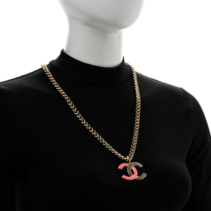 Chanel Metal Enamel Quilted CC Chain Pendant Necklace Gold Pink