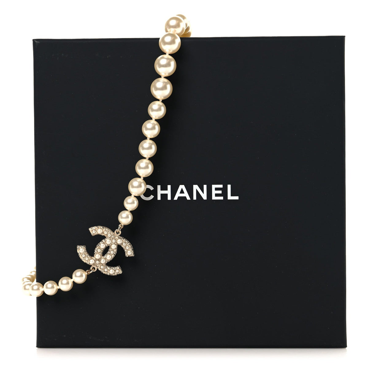 Chanel Faux Pearl Crystal CC 100th Anniversary Necklace Light Gold