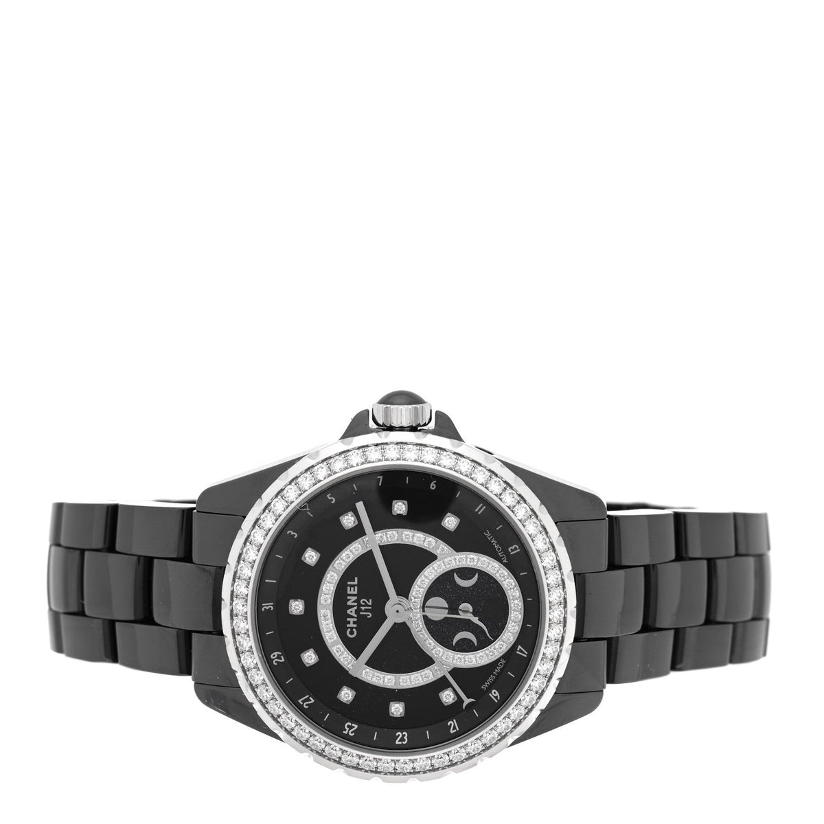 Chanel Stainless Steel Ceramic Diamond 38mm J12 Moonphase Watch Black