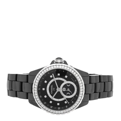 Chanel Stainless Steel Ceramic Diamond 38mm J12 Moonphase Watch Black