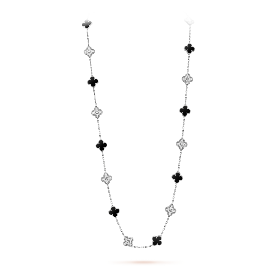 18K White Gold Diamond Onyx VCA Vintage Alhambra Necklace