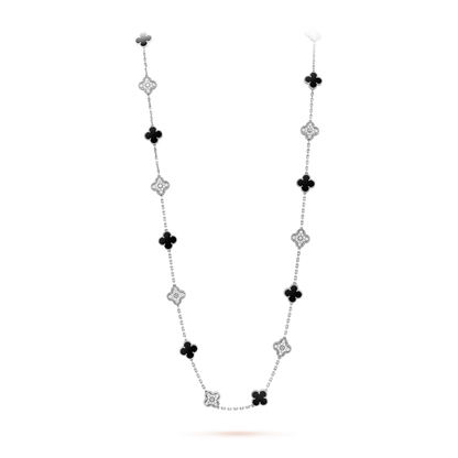 18K White Gold Diamond Onyx VCA Vintage Alhambra Necklace