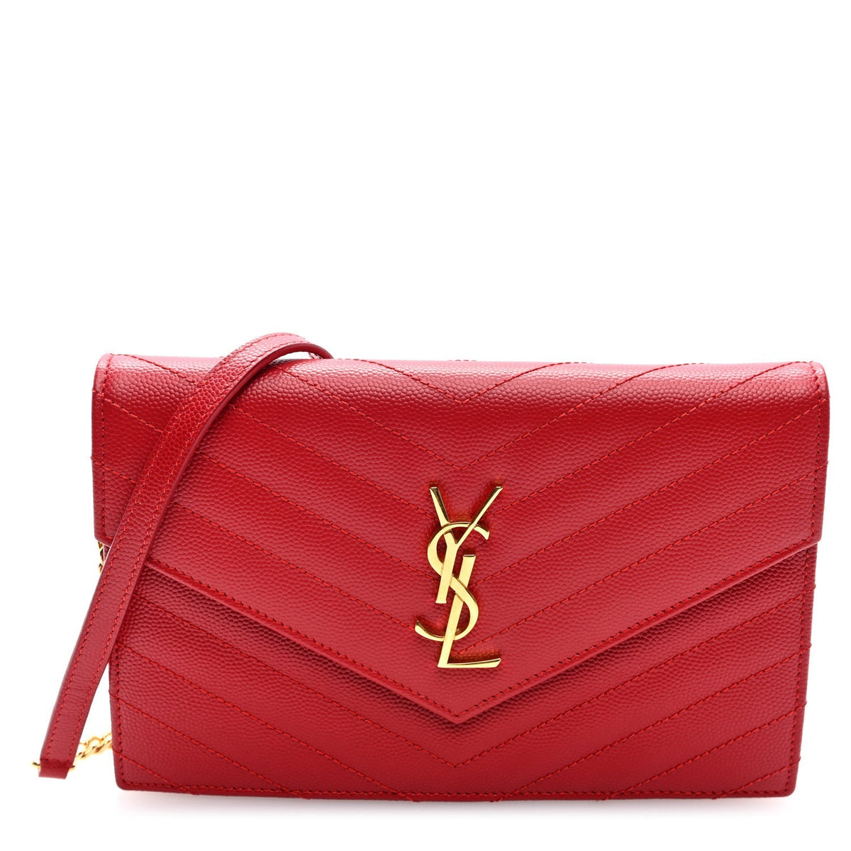 Saint Laurent Matelasse Chevron Monogram Envelope Chain Wallet New Red 1987513