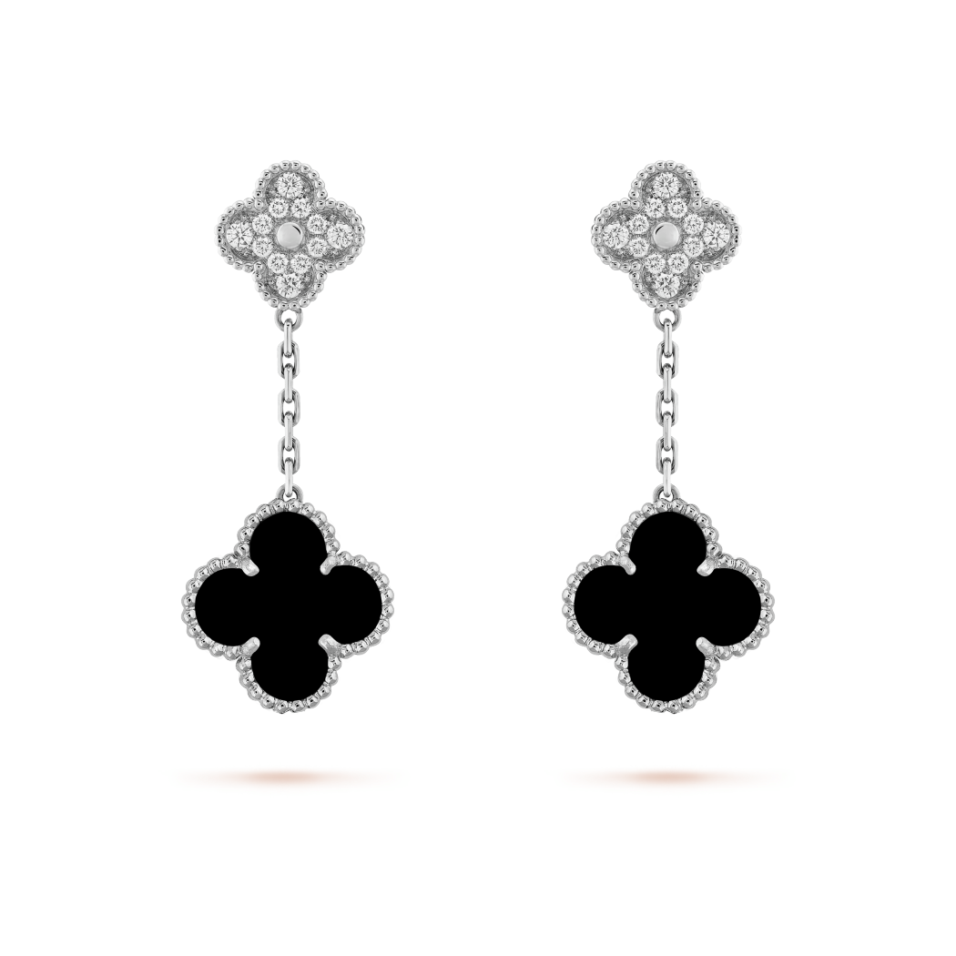 18K White Gold Diamond VCA Magic Alhambra Earrings 2 Motifs