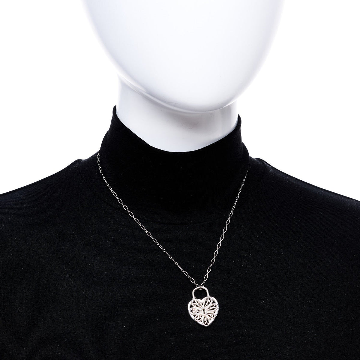 Tiffany Sterling Silver Large Filigree Heart Lock Key Pendant Necklace