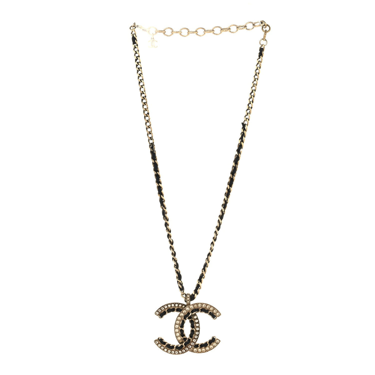 Chanel Metal Pearl Crystal Lambskin CC Chain Necklace Gold