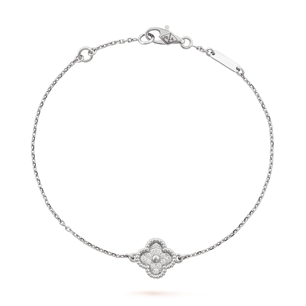 18K White Gold Diamond VCA Sweet Alhambra 1 Motif Bracelet