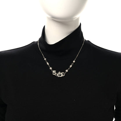 Chanel Crystal Pearl Star 5 CC Necklace Silver White