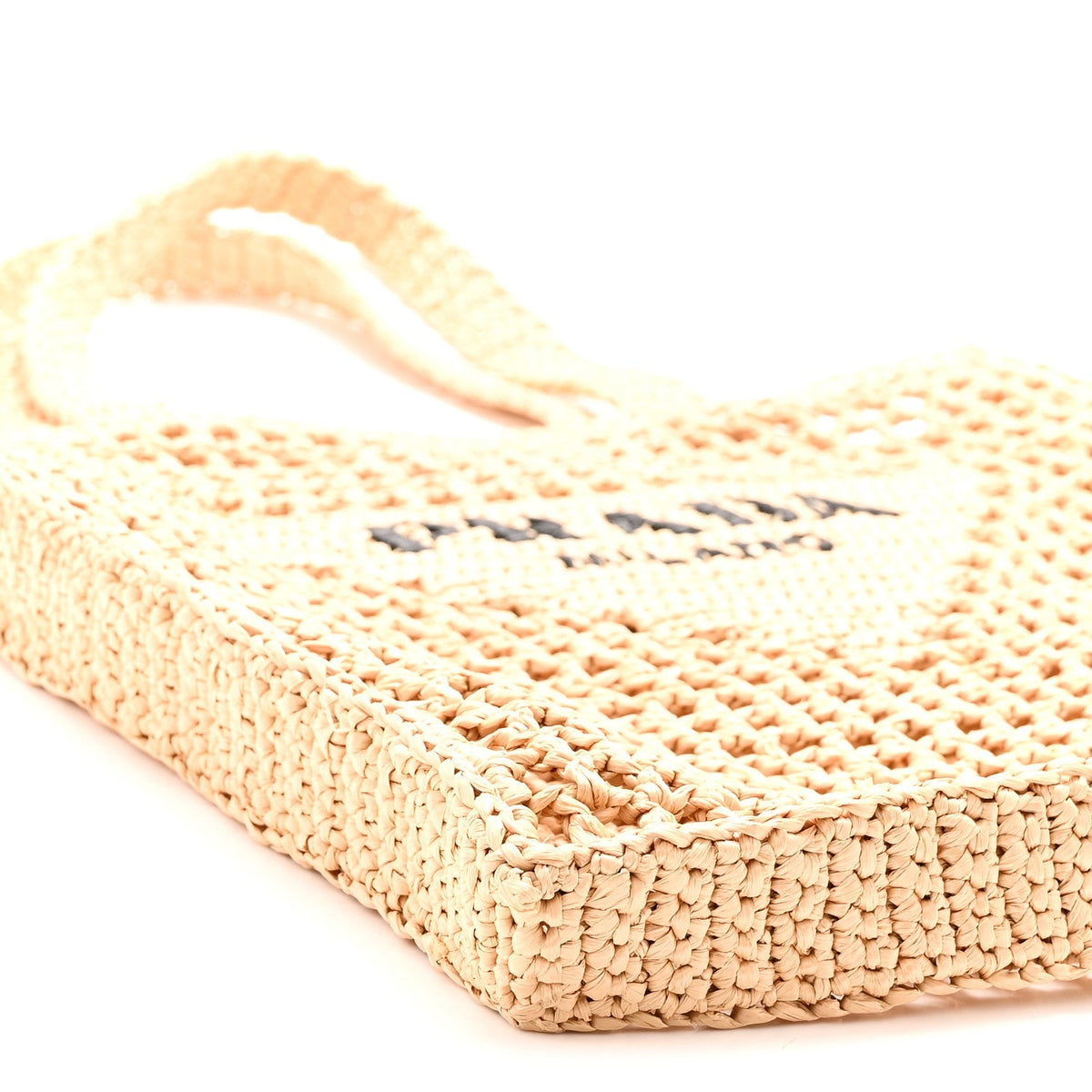 Prada Crochet Raffia Effect Logo Embroidered Tote Bag Naturale