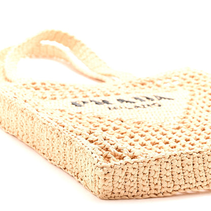 Prada Crochet Raffia Effect Logo Embroidered Tote Bag Naturale