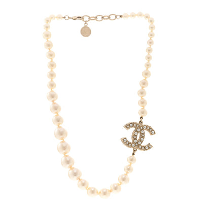 Chanel Resin Pearl Crystal CC 100th Anniversary Necklace Light Gold