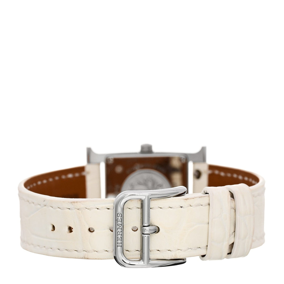 Hermès Stainless Steel Alligator Diamond 21mm Heure H Watch Blanc