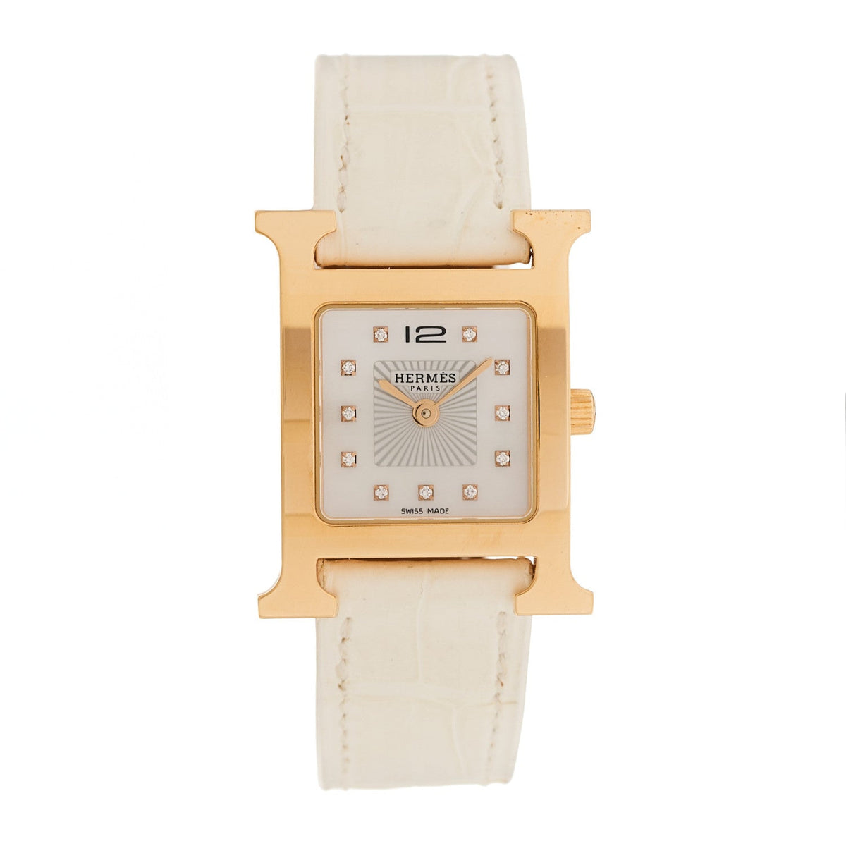 Hermes Stainless Steel Alligator Diamond Mother of Pearl 21mm Heure H Hour Quartz Watch Blanc
