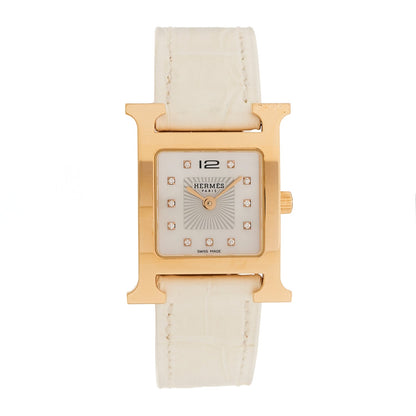 Hermes Stainless Steel Alligator Diamond Mother of Pearl 21mm Heure H Hour Quartz Watch Blanc