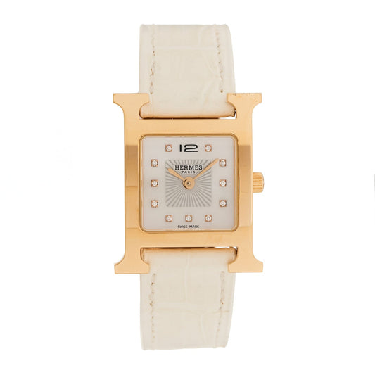 Hermes Stainless Steel Alligator Diamond Mother of Pearl 21mm Heure H Hour Quartz Watch Blanc