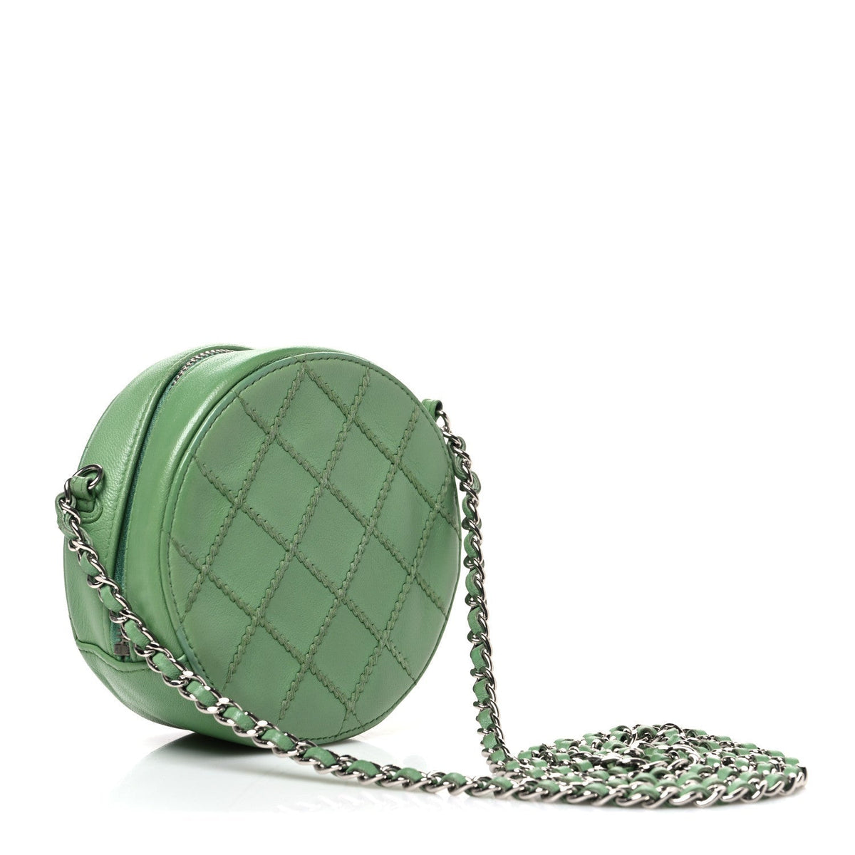 Chanel Lambskin Stitch Round Clutch With Chain Green
