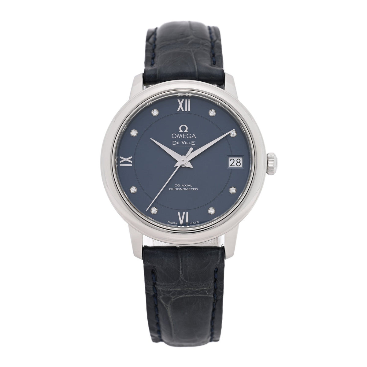 Omega Stainless Steel Alligator Diamond 32.7mm De Ville Prestige Watch Blue