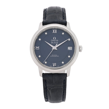 Omega Stainless Steel Alligator Diamond 32.7mm De Ville Prestige Watch Blue