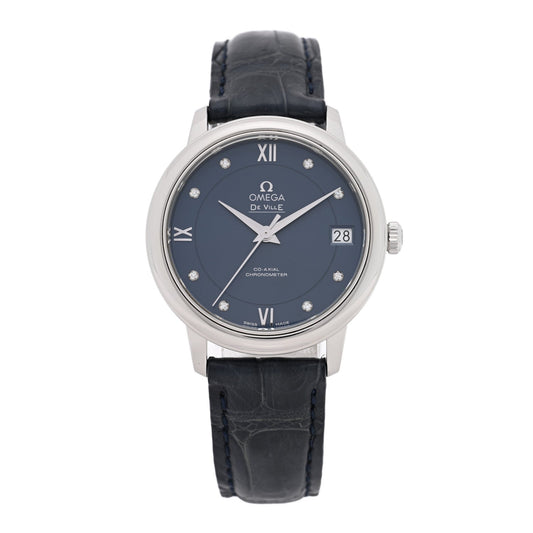 Omega Stainless Steel Alligator Diamond 32.7mm De Ville Prestige Watch Blue