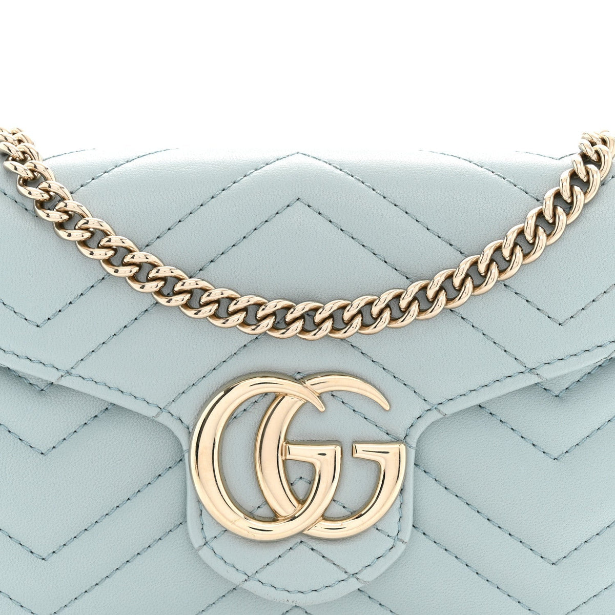 Gucci Calfskin Matelasse GG Marmont Chain Wallet Light Blue
