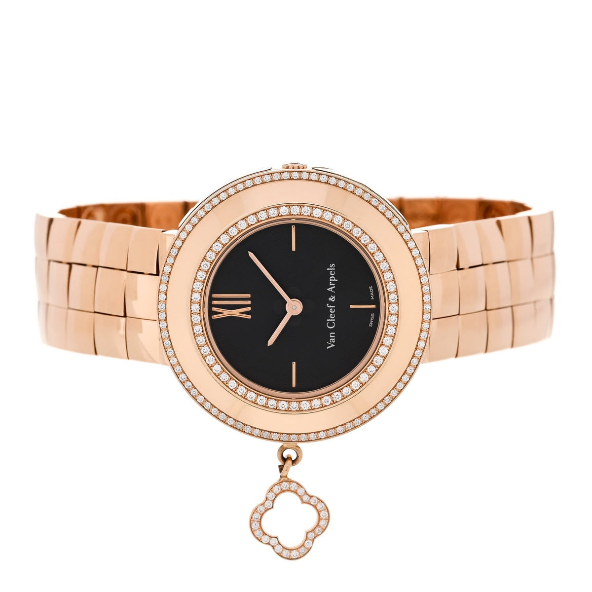 Van Cleef & Arpels 18K Rose Gold Diamond 32mm Charms Watch Black