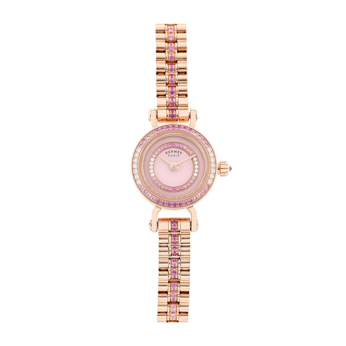 Hermes 18K Rose Gold Diamond Pink Sapphire 16mm Faubourg Quartz Watch