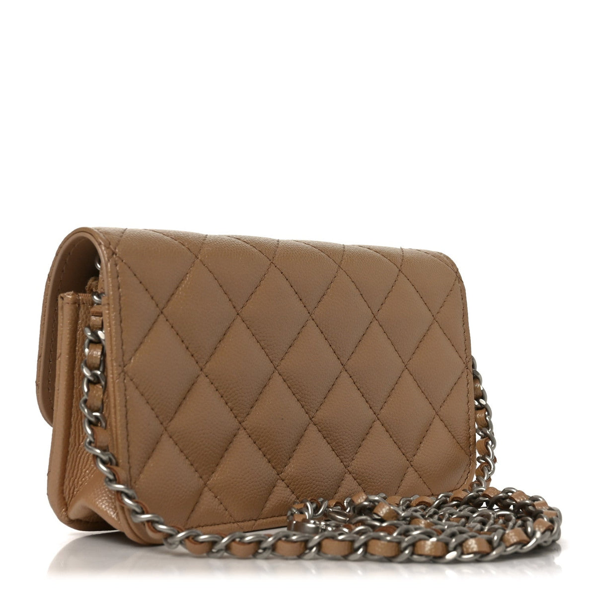 Chanel Iridescent Caviar Camellia Phone Holder With Chain Beige