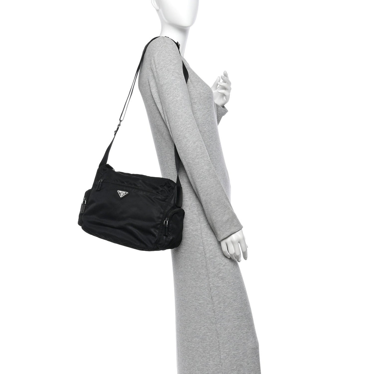 Prada Re-Nylon Vela Saffiano Pocket Double Zip Shoulder Bag Black
