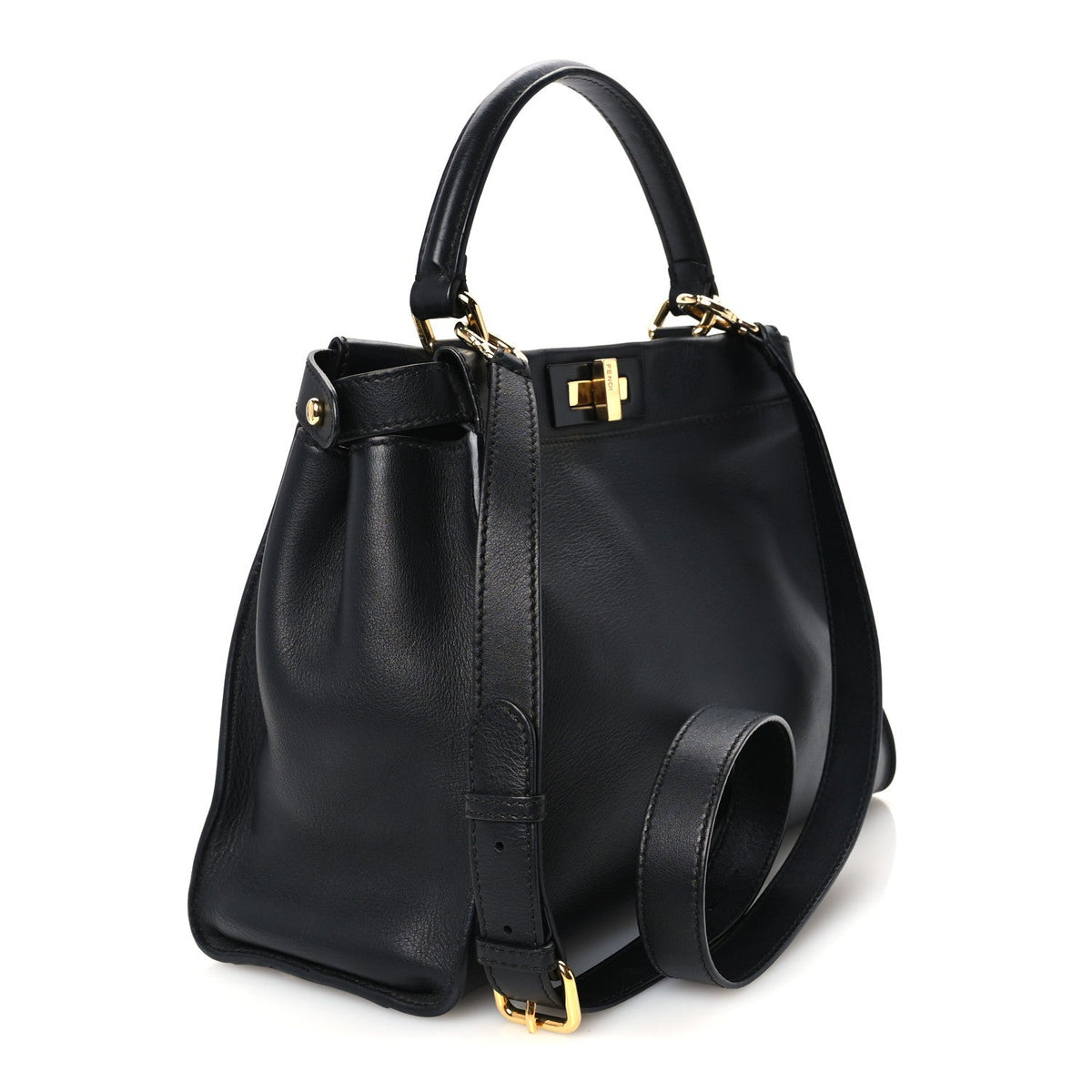 Fendi Vitello Seta Shiny Nappa Medium Peekaboo Iconic Satchel Black