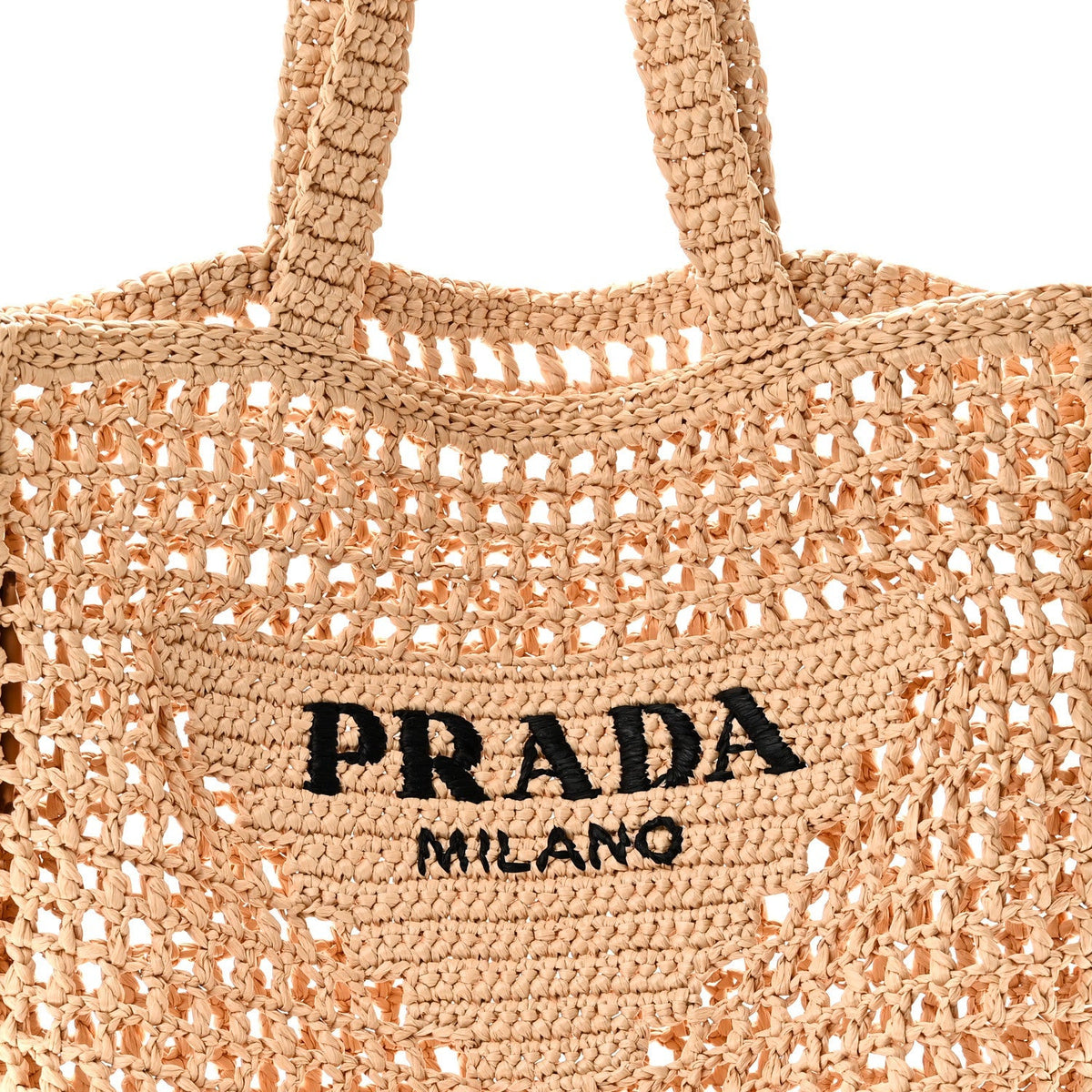Prada Crochet Raffia Effect Logo Embroidered Tote Bag Naturale