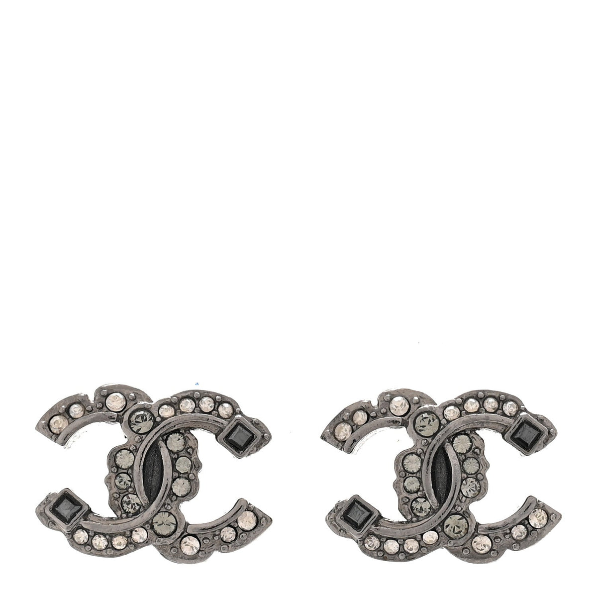 Chanel Baguette Crystal CC Earrings Silver Grey Black