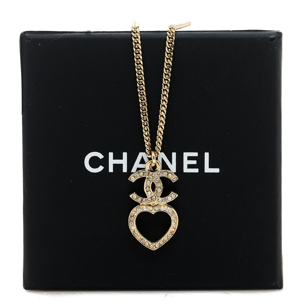 Chanel Crystal Pearl CC Heart Drop Chain Necklace Gold