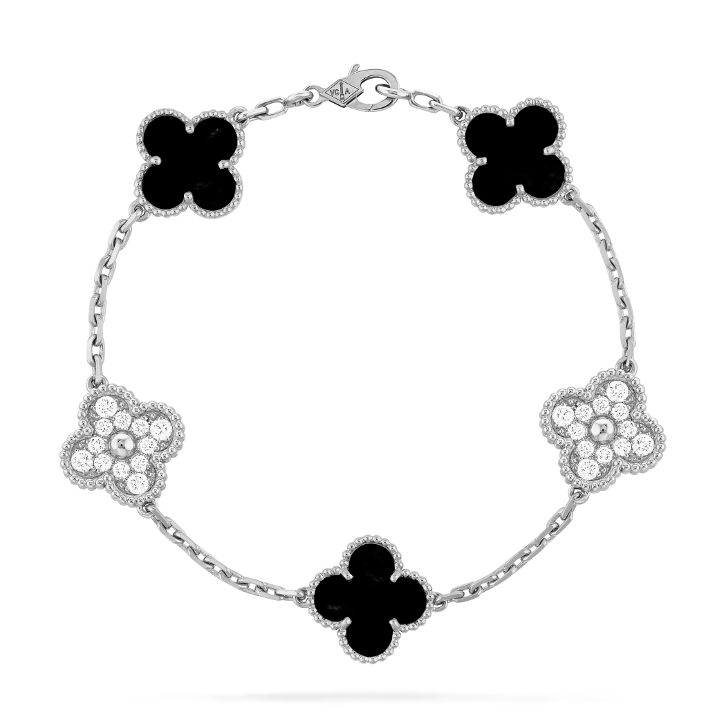 18K Rose Gold Onyx Diamond VCA Vintage Alhambra 5 Motifs Bracelet