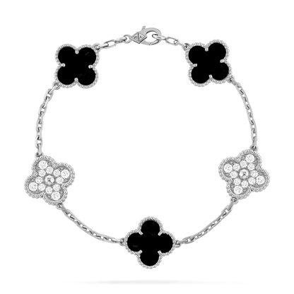 18K Rose Gold Onyx Diamond VCA Vintage Alhambra 5 Motifs Bracelet