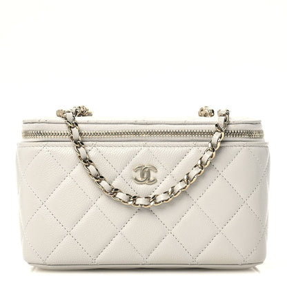 Chanel Caviar Quilted Small Tiny CC Vanity Case With Chain Light Grey