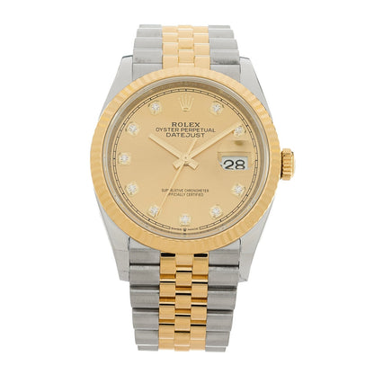 Rolex Stainless Steel 18K Yellow Gold 36mm Datejust Watch Champagne 126233